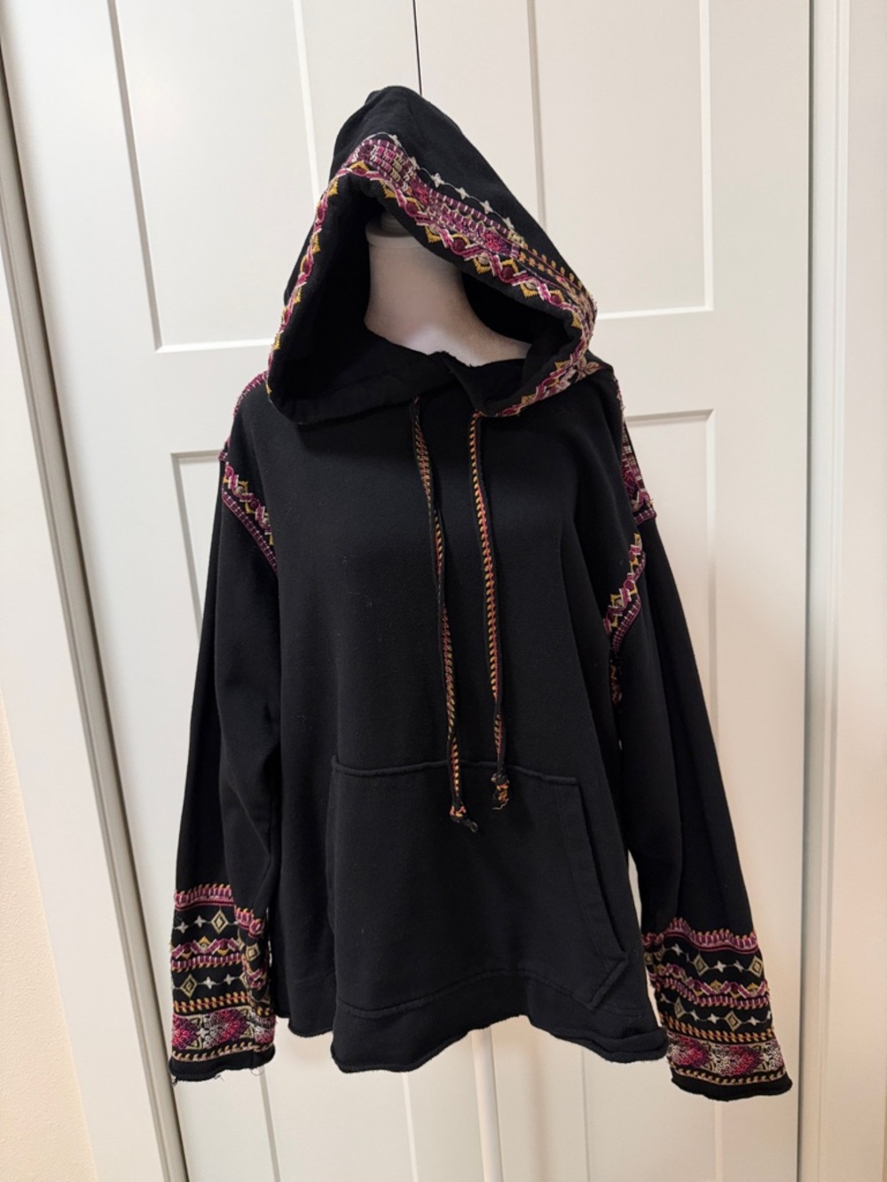 Black Hooded Sweatshirt  with Pink & Gold Embroidered Trim by Johnny Was